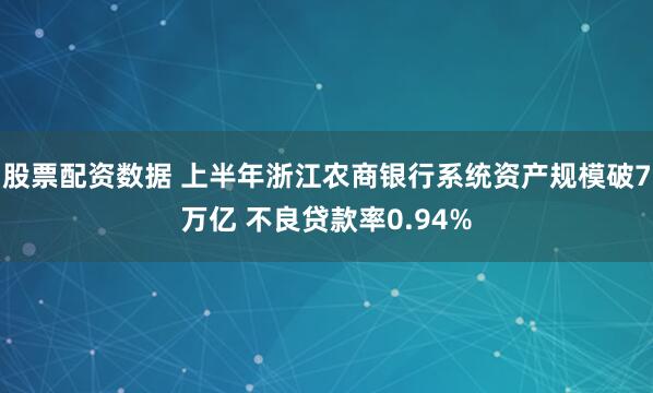 股票配资数据 上半年浙江农商银行系统资产规模破7万亿 不良贷款率0.94%